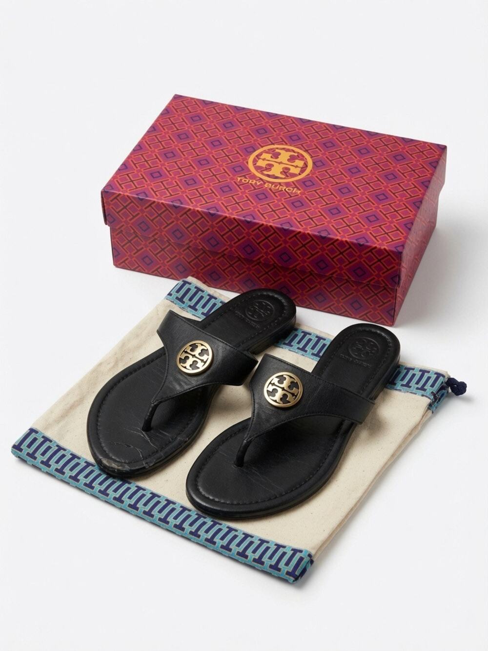 Tory Burch Black Leather Miller Thong Logo Flat Sandals Size 7.5 Gold Hardware